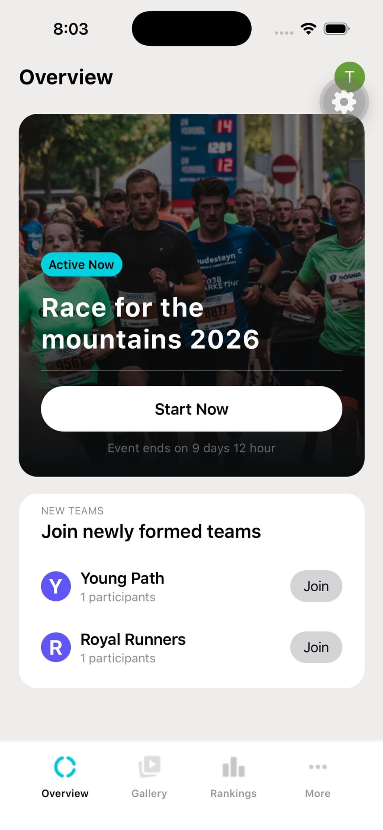 Dashboard screen with active race card